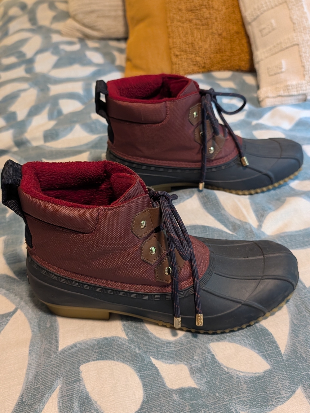 Burgundy Duck Boots with Navy Rubber Sole